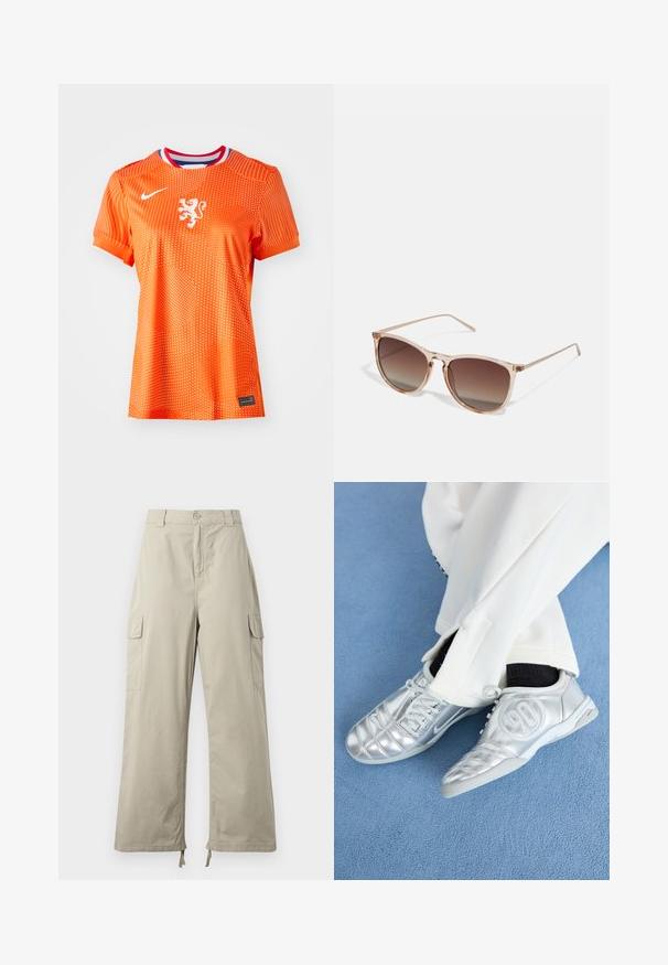 Orange soccer jersey with white lion emblem, round neckline with red and blue accents, dotted pattern surface, short sleeves, and black tag detail.; Light beige cargo pants with a relaxed fit, featuring a button closure, side pockets, and adjustable hem with ties. Smooth fabric texture.; Silver athletic shoes with a smooth, shiny finish, featuring a stitched design and the number 90 on the side, paired with white pants.; Brown gradient sunglasses with a translucent pink frame, square shape, and thin metal arms. Features rounded edges and minimal detailing.