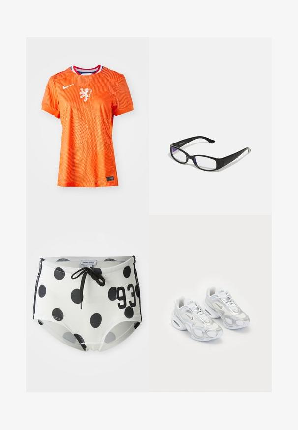 Orange fotbollströja med vitt lejonemblem, rund halsringning med röda och blå detaljer, prickig yta, korta ärmar och svart etikett.; Svart- och vitt prickiga baddräktsbyxor med dragsko i midjan, med siffran "93" på framsidan och en mjuk, stretchig tyg.; Vita sportskor med en ovandel i mesh och silverdetaljer, en unik form och luftdämpning i hälen. Snörningsdesign med logotyp.; Svart rektangulära glasögon med klara glas. Glossy yta, smala bågar och lila nyans synlig vid kanterna av glasen.