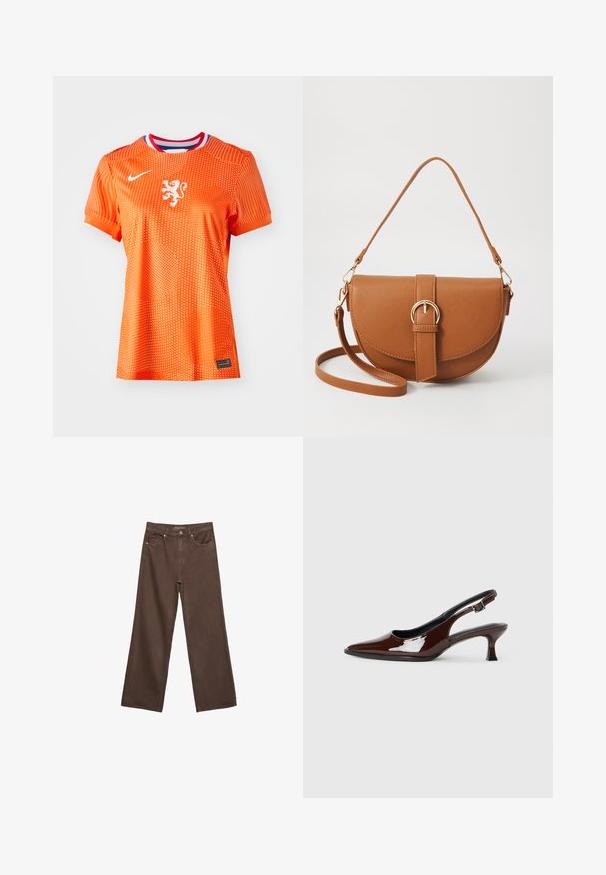 Orange fodboldtrøje med hvidt lionemblem, rund halsudskæring med røde og blå detaljer, prikket mønster, korte ærmer og sort mærkeddetail.; Bredde ben brun denim jeans med høj talje, forlommer og klassisk knaplukning. Glat tekstur med diskret syninger.; Brun patenteret læder slingback sko med spids tå og en moderat hæl. Har en spænde rem for en sikker pasform. Glat tekstur.; Brun læder crossbody taske med en buet form, guldfarvet hardware og en spændeaccent. Har en aftagelig skulderrem.