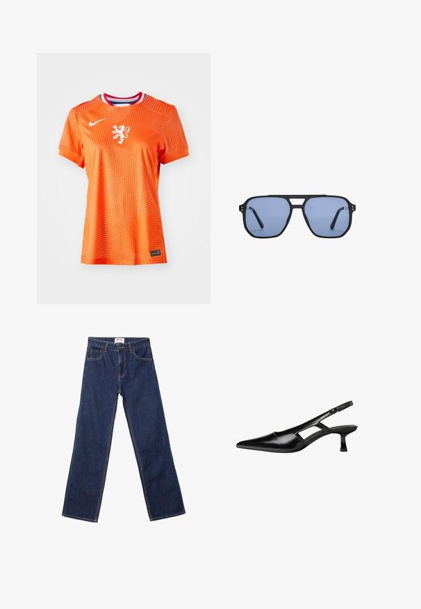 Pomarańczowy koszulka piłkarska z białym emblematem lwa, okrągły dekolt z czerwonymi i niebieskimi akcentami, powierzchnia z kropkowanym wzorem, krótkie rękawy i czarny detal metki.; Granatowe dżinsy o prostym kroju z przednimi kieszeniami, szlufkami na pasek i z zapięciem na guzik.; Czarne lakierowane czółenka na odkrytej pięcie z wąskim noskiem, z wykrojem po bokach i małym kwadratowym obcasem. Gładka faktura z minimalnymi akcentami.; Stradivarius - Okulary przeciwsłoneczne