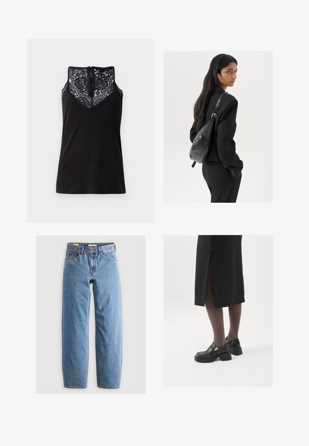 Mustat toppi, jossa on pitsikuviointi kaula-aukolla, v-muotoinen muotoilu ja vetoketjukiinnitys takana. Sileä kangas.; Vaaleansiniset farkut, joissa on suora lahkeen muotoilu, viisi taskua, vetoketjuhaitari ja hienovarainen haalistunut pinta. Klassinen tyyli, jossa on vähän metalliosia.; Mustat nahkakengät pyöreällä kärjellä, paksulla lohkopohjalla ja joustavilla sivuakkesseilla, yhdistettynä tummiin sukkahousuihin ja mustaan hameeseen, jossa on halkio.; Nainen, jolla on pitkä tumma hius, pukeutuneena mustaan pukuun, kantaa mustaa nahkatoimistolaukku ja katsoo yli olkansa valkoista taustaa vasten.