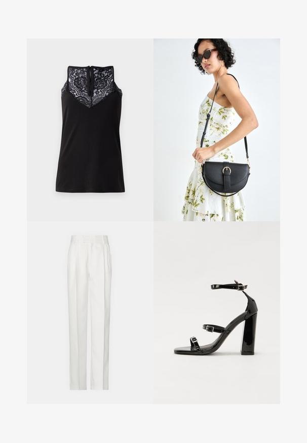 Top negro sin mangas con un encaje en la parte del escote, que presenta un diseño en forma de V y un cierre de cremallera en la parte posterior. Textura de tela suave.; Pantalones blancos a rayas con un diseño de pierna recta, hechos de una tela ligera. Presenta pliegues en la parte delantera y una cinturilla tradicional.; Sandalias negras de charol con tacón alto, dos correas con hebilla, punta cuadrada y tacón grueso, con una textura lisa y brillante.; Bolso de piel negra con forma curva, correa desmontable y herrajes dorados. El bolso cuenta con una solapa con un detalle de hebilla.