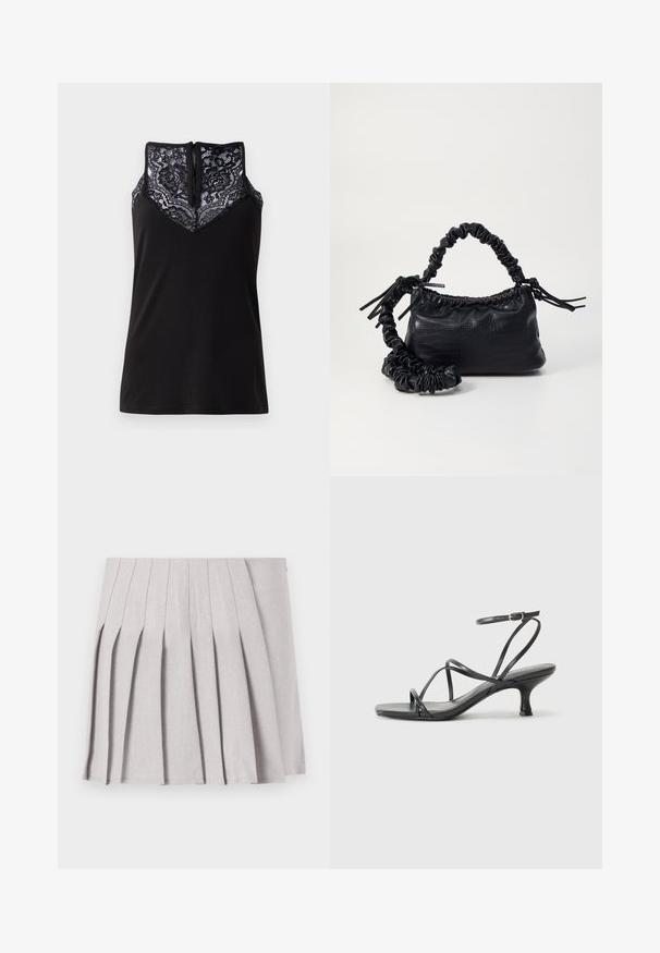 Black tank top with a lace overlay at the neckline, featuring a v-shaped design and a zipper closure at the back. Smooth fabric texture.; Gray pleated skirt with a smooth texture, featuring multiple vertical folds and a fitted waistline. Made from lightweight fabric.; Black heeled sandals with thin straps, open toe design, and a small, flared heel. The material appears smooth and glossy.; Black faux leather handbag with a crocodile texture, cinched top, and a scrunched strap. Appears soft and compact in design.