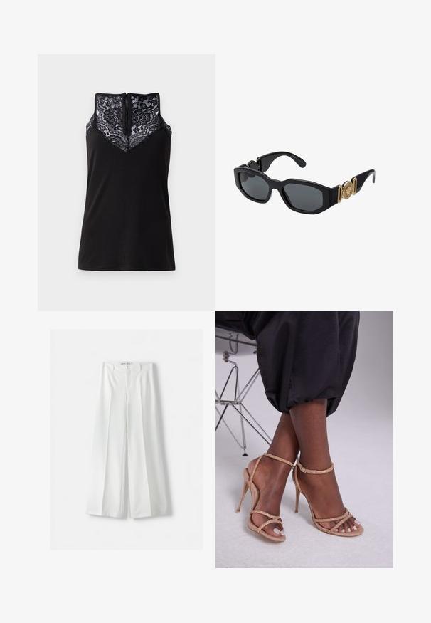 Black tank top with a lace overlay at the neckline, featuring a v-shaped design and a zipper closure at the back. Smooth fabric texture.; Bershka WIDE-LEG TAILORED - Trousers - white; Beige heeled sandals with crystal embellishments, featuring an open toe, thin straps, and a sleek silhouette.; Black sunglasses with a chunky geometric frame, dark lenses, and gold metal accents on the temples featuring a round emblem detail.; Michael Kors wristlet in beige coated canvas featuring a repeating MK logo pattern, gold hardware, and a detachable chain strap.