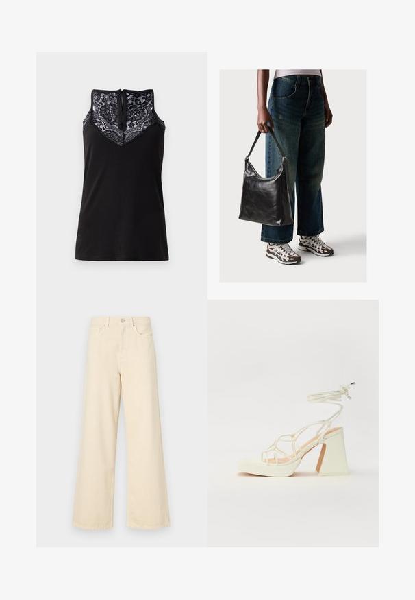 Fekete ujjatlan felső, csipkés díszítéssel a nyakrészen, V-alakú kialakítással és cipzáras záródással a háton. Sima szövet textúra.; Bézs, széles lábú farmernadrág, pamutból készült. Gombos záródással, övhurkokkal és elülső zsebekkel rendelkezik, sima, puha tapintással.; Fehér, magassarkú szandál vastag sarokkal, pántos dizájnnal és bokapánttal. Sima textúra, elülső platformmal a megnövelt magasság érdekében.; Fekete bőr válltáska sima textúrával és állítható pánttal, melyet elnyűtt, bő szárú farmernadrággal és sportcipőkkel párosítottak.