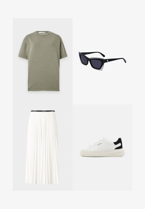 Olíva zöld pamut póló kerek nyakkivágással, rövid ujjakkal és egyszerű, díszítetlen kialakítással. Puha tapintás és laza fit.; Plisszírozott fehér szoknya fekete elasztikus derékkal, amelyen a "LACOSTE" logó található. Középhosszú kialakítás, puha tapintással.; Fehér bőr sportcipők vastag fehér talppal, fekete velúr sarokpikkelyel és dombornyomott logóval az oldalon. Fűzős kialakítás, hat fűzőlyukkal.; Fekete, nagyméretű napszemüveg geometrikus formával, sötét lencsékkel és kontrasztos szürke részlettel a kereten. Logó a szárán.
