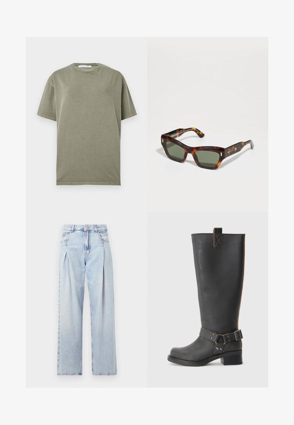 Olīvu zaļš kokvilnas T-krekls ar apaļu kaklu, īsām piedurknēm un vienkāršu, neizšuvinātu dizainu. Mīksta tekstūra un brīvs siluets.; Gaiši zilas džinsu bikses ar augstu jostasvietu, plats kāju griezumu, divām sānu kabatām un krokotā dizaina akcentiem. Mīksta tekstūra ar izdilušu apdari.; Melnas ādas līdz ceļiem augstas zābakus ar teksturētu apdari, ar sānu sprādzi un zemu papēdi. Izšūšana gar šuvēm.; Tortīšu sarkstainas saulesbrilles ar taisnstūra zaļām lēcām. Bieza rāmja dizainā ir zelta akcenti uz tempļiem. Gluda tekstūra un stūrains dizains.