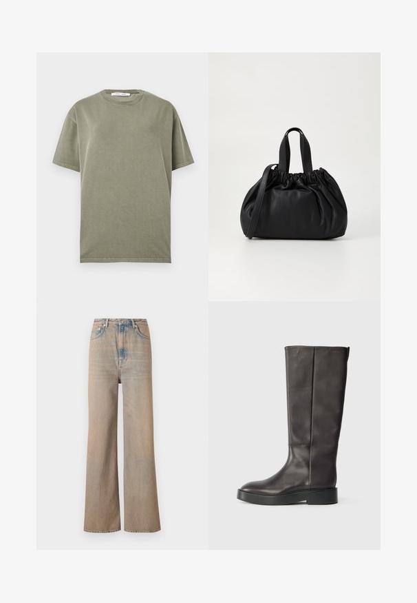Olivenfarvet bomulds T-shirt med rund hals, korte ærmer og et simpelt, udekoreret design. Blød tekstur og afslappet pasform.; Lyse vaskede, vide ben jeans med høj talje, lavet af denim. Har diskret syninger og fem lommer, med en let falmet tekstur.; Sorte knæhøje læderstøvler med tyk sål og subtil Calvin Klein-logo nær den øverste kant, vist fra siden.; Sort læderhåndtaske med en samlet topdesign, der har to korte håndtag og en lang justerbar rem. Glat overflade, rund form.