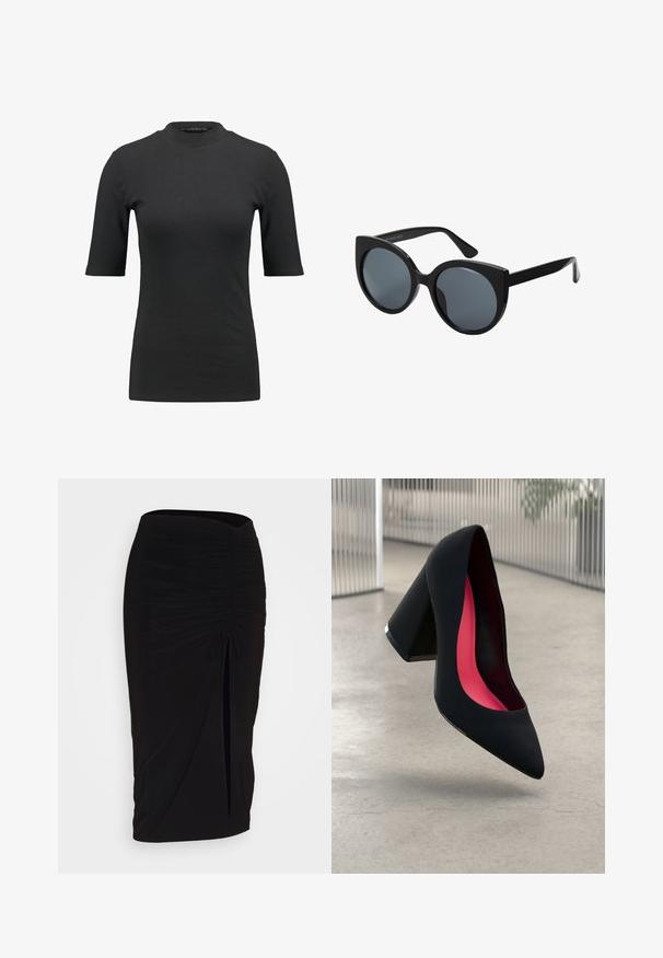 Juodas plišinis marškinėliai su aukštu kaklu ir trumpomis rankovėmis. Lygus, prigludęs dizainas be jokių raštų ar matomų aparatūros detalių.; Juoda, raukšlėta pieštuko sijonas su raišteliu ir šoniniu įpjovimu. Pagamintas iš elastingos medžiagos, pasižymi lygiu paviršiumi ir prigludusia forma.; Juodas aukštakulnis batai su smailiu pirštu, su tekstūruota paviršiumi ir ryškiai rožiniu vidumi. Su tiek dideliu kulnu, tiek sidabriniu akcentu.; Juoda didelė saulės akiniai katės akies formos, tamsiai tonuoti objektyvai ir blizgi plastikinė rėmelis. Yra storos šventyklos, užtikrinančios paramą.