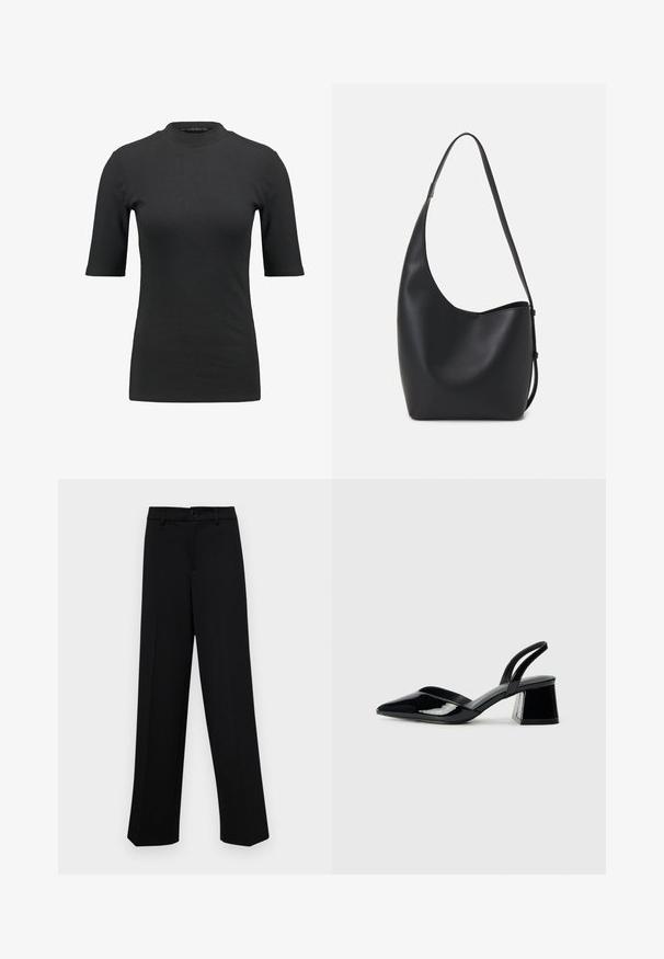 Must mustriba T-särk kõrge kaelusega ja lühikeste varrukatega. Sile, ümbertõmmatud disain ilma mustriteta või nähtavate sõlmede detailideta.; Musta laiad püksid siledast kangast, millel on klassikaline vöökoht, nööbiga sulgemine ja ees voldid.; Mustad musta lakknahk kingad, millel on terav varvas ja geomeetriline plokkkonts. Omab elegantselt minimalistlikku disaini ja sujuvat tekstuuri.; Mustast nahast hobo kott, millel on sile tekstuur, kumer kuju ja üks reguleeritav rihm; peal on lai avaus.