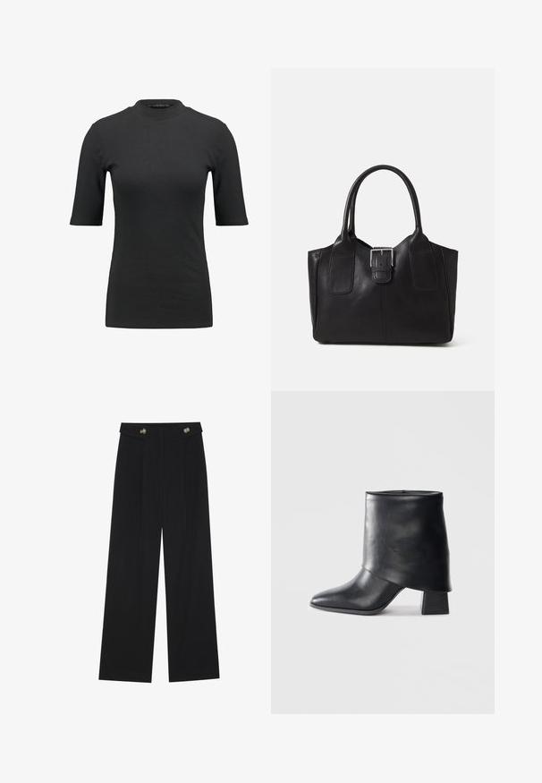 T-shirt preta com nervuras, de gola alta e mangas curtas. Design suave e ajustado, sem padrões ou detalhes de hardware visíveis.; Calças largas pretas com cintura alta, detalhes em botão na cintura e pregas frontais.; Bota de tornozelo em couro preto com bico afilado, textura suave e um salto bloco estruturado. Apresenta um design de cano alto e dobrado.; Bolsa tote de couro preta com textura suave, forma estruturada, duas alças e um destaque prateado proeminente na parte da frente.