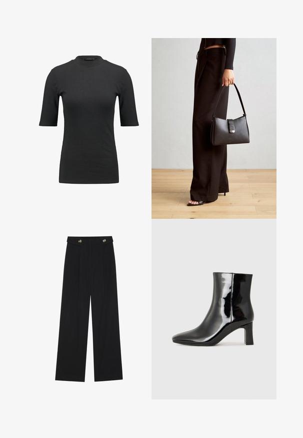 Camiseta negra de canalé con un cuello alto y mangas cortas. Diseño liso y ajustado sin patrones ni detalles de hardware visibles.; Pantalones de pierna ancha negros con cintura alta, detalles de botones en la cinturilla y pliegues en la parte delantera.; Botín de charol negro con punta afilada y un tacón de bloque de altura media. Textura suave y diseño minimalista.; Bolso negro con forma estructurada, textura suave y un cierre metálico. Combinado con pantalones anchos negros y sandalias de dedo en un suelo de madera.