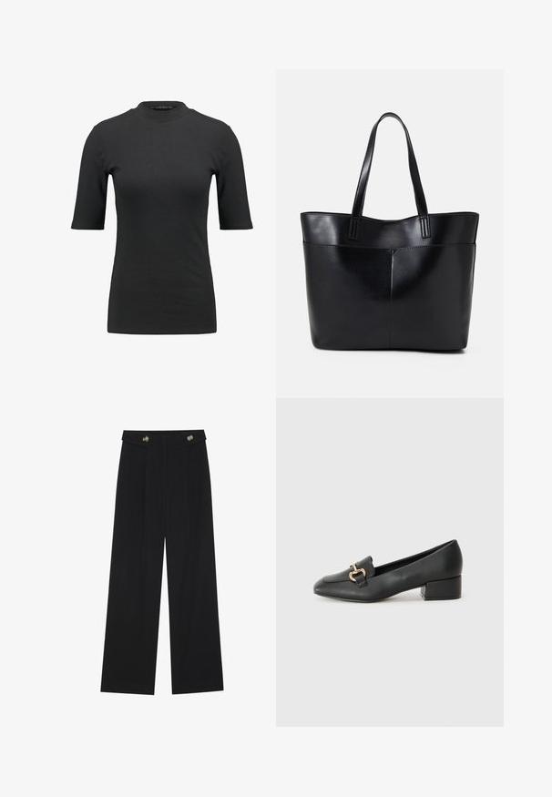 Sort ribbet t-shirt med høj hals og korte ærmer. Glat, tætsiddende design uden mønstre eller synlige hardwaredetaljer.; Sorte vide bukser med høj talje, knapdetaljer på taljebåndet og frontfald.; Sorte læder loafers med flad hæl, der har en dekorativ guldhardwaredetalje foran og en glat overflade.; Sort læder tote taske med to lange håndtag, en glat tekstur og en struktureret form. Har en forlommem for ekstra opbevaring.