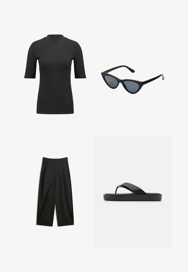 Sort ribbet t-shirt med høj hals og korte ærmer. Glat, tætsiddende design uden mønstre eller synlige hardwaredetaljer.; Sorte vidde bukser lavet af glat stof. Har en frontfold, knaplukning og en skræddersyet talje for en strømlinet pasform.; Sorte klip-klap sandals med en glat overdel og en tekstureret sål. Minimalistisk design med en lavprofil silhuet.; Sorte katteøje solbriller med mørkegrå linser, slankt plastisk stel, spidse hjørner og lige stænger. Ingen synlig hardware eller dekorationer.