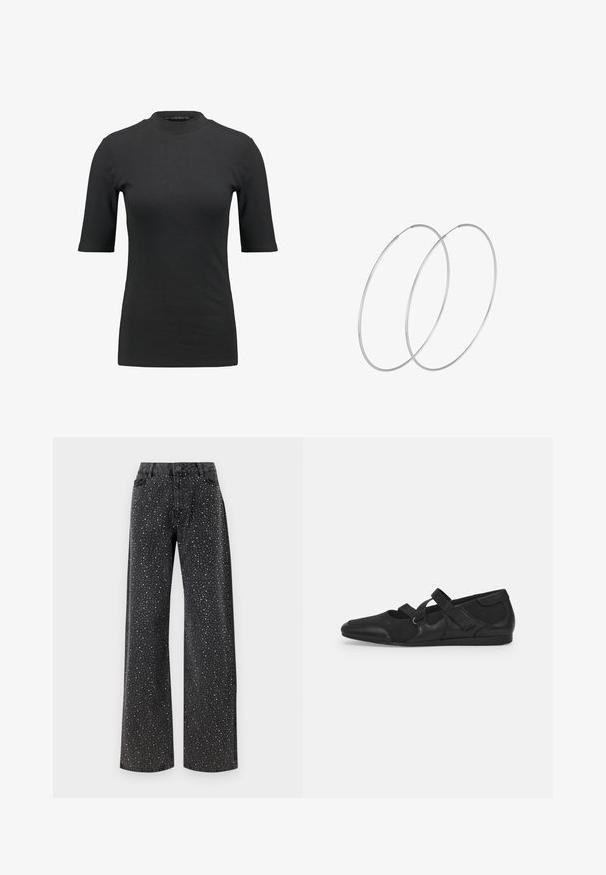 Juodas plišinis marškinėliai su aukštu kaklu ir trumpomis rankovėmis. Lygus, prigludęs dizainas be jokių raštų ar matomų aparatūros detalių.; Noisy May NMJANNEL LOOSE - Laisvo kirpimo džinsai - black denim; Juodos plokščios bateliai su minkštu, tekstūruotu viršumi, turintys dvi reguliuojamas dirželius ir apvalios noselės dizainą, sumontuoti ant plokščios gumos padais.; Sidabrinės pusmėnulio auskarai minimalistiniu dizainu. Apskritimo forma, lygus paviršius ir plonas profilis. Lengvi su poliruotu apdailu.