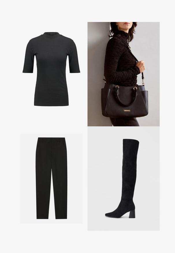 T-shirt nera a coste con collo alto e maniche corte. Design liscio e aderente senza alcun motivo o dettagli hardware visibili.; Pantaloni neri dal design sartoriale, con tasche laterali e gamba dritta. Realizzati in tessuto liscio e leggero con una finitura elegante.; Stivale in suede nero alto fino al ginocchio con tacco a blocco, punta affusolata e design liscio e senza cuciture su uno sfondo chiaro e semplice.; Borsa nera con superficie texturizzata, manici superiori doppi e tracolla regolabile. Dotata di hardware color oro e tasche laterali.