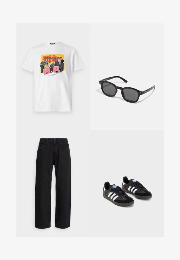 Hvid bomulds t-shirt med et farverigt grafik af en gruppe ved et bord, med røde ternede duge og tekst der siger "WEEKEND OFFENDER."; Sorte denim bukser med bred benlængde og høj talje, der har fem lommer og knaplukning. Stoffet har en glat tekstur og let stræk.; Sorte sneakers med en overdel i ruskind og syntetisk materiale, med tre hvide striber, struktureret gummisål og en blå logoetiket på tungen.; Sorte ovale solbriller med mørke linser, tykke rammer og sølvprikker som pynt på siderne. Glat plastmateriale, moderne design.