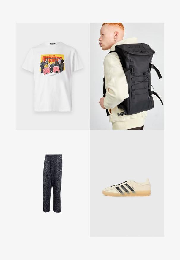 Vit bomull t-shirt med en färgglad grafik av en grupp vid ett bord, med röd rutiga dukar och texten "WEEKEND OFFENDER."; Svarta träningsbyxor med leopardmönster, med en vit design av tre ränder och en atletisk varumärkeslogotyp på sidan.; Ljust krämfärgad sneaker med svart tre-stripesdesign, strukturerad ovandel, rund tå och gummisula. Har snörning och varumärke på sidan.; Svart ryggsäck med en strömlinjeformad design, som har en texturerad yta, justerbara remmar och elastiska framkord för extra förvaring.