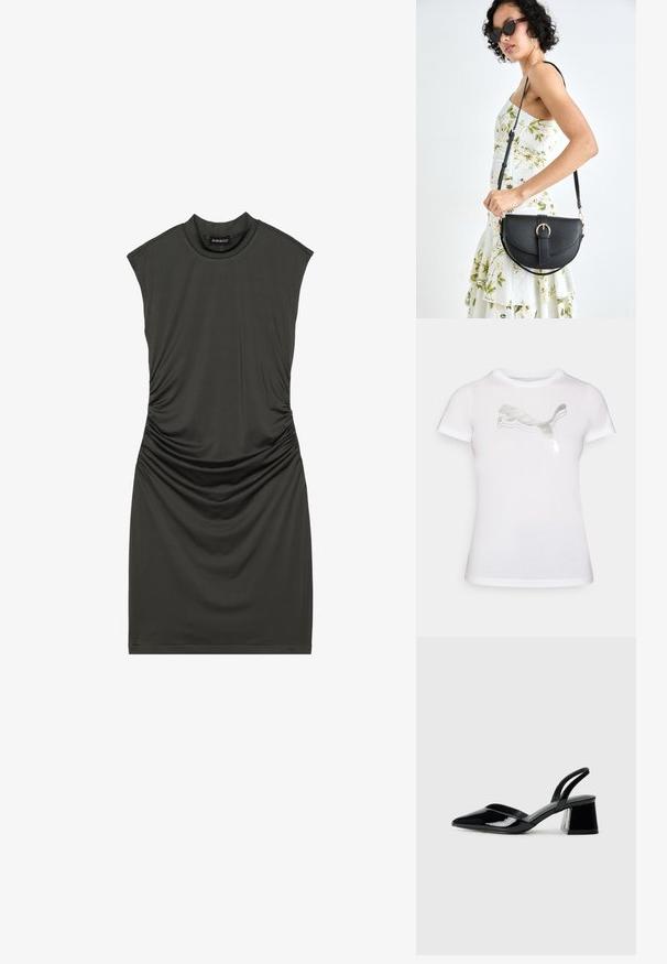 Camiseta blanca de manga corta hecha de algodón con un diseño del logotipo reflectante en plata de Puma en el frente. Textura suave y corte ajustado.; Vestido sin mangas de color verde oscuro con cuello alto, que presenta tejido fruncido en el costado, hecho de un material liso y elástico.; Zapatos de tacón slingback de charol negro con punta afilada y tacón geométrico en bloque. Presentan un diseño elegante y minimalista, así como una textura suave.; Bolso de piel negra con forma curva, correa desmontable y herrajes dorados. El bolso cuenta con una solapa con un detalle de hebilla.
