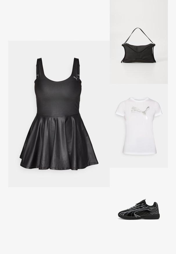 Weißes T-Shirt mit kurzen Ärmeln aus Baumwolle, mit einem reflektierenden silbernen Puma-Logo-Design auf der Vorderseite. Glatte Textur und taillierte Passform.; Schwarzes ärmelloses Kleid mit tailliertem Oberteil und schwingendem Satinrock. Verfügt über einen runden Ausschnitt und dezente Logodetails auf der oberen linken Seite.; Schwarzer Sportschuh mit schlankem Design, glänzender Oberfläche, weißen Akzenten, Netzpaneelen für Atmungsaktivität und einem Klettverschluss.; Schwarze Handtasche aus weichem, strukturiertem Material. Merkmale ein gewelltes Design, einen einzelnen Schultergurt und ein dezentes Logo-Detail auf der Vorderseite.