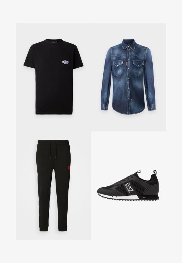 Čierne bavlnené tričko s krátkymi rukávmi a okrúhlym výstrihom, s ľavým vreckom na hrudi, ktoré má multicolor vyšívané logo.; Tmavomodrá denimová košeľa s dlhými rukávmi, špicatým golierom, dvoma náprsními vreckami a gombíkovým zapínaním. S opotrebovanými detailmi a vyblednutou textúrou.; Čierne tepláky vyrobené z mäkkého materiálu, s nastaviteľným pásom, slim fit strihom a červeným logom na ľavom stehne.; EA7 Emporio Armani Tenisky - black/white