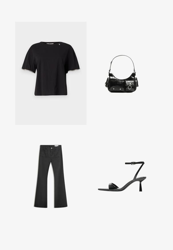 Schwarzes Kurzarm-T-Shirt mit entspannter Passform, versehen mit dekorativem silbernen Besatz an den Ärmeln und einem runden Halsausschnitt. Hergestellt aus weichem Baumwollmaterial.; Schwarze Schlagjeans aus Denim mit glatter Textur, ausgestattet mit zwei Gesäßtaschen und einem Knopfverschluss an der Taille.; Bershka High Heel Sandalette - black; Schwarze Lackleder-Handtasche mit geschwungenem Design, einem Schulterriemen, Vordertaschen und silberfarbenen Hardware-Akzenten.