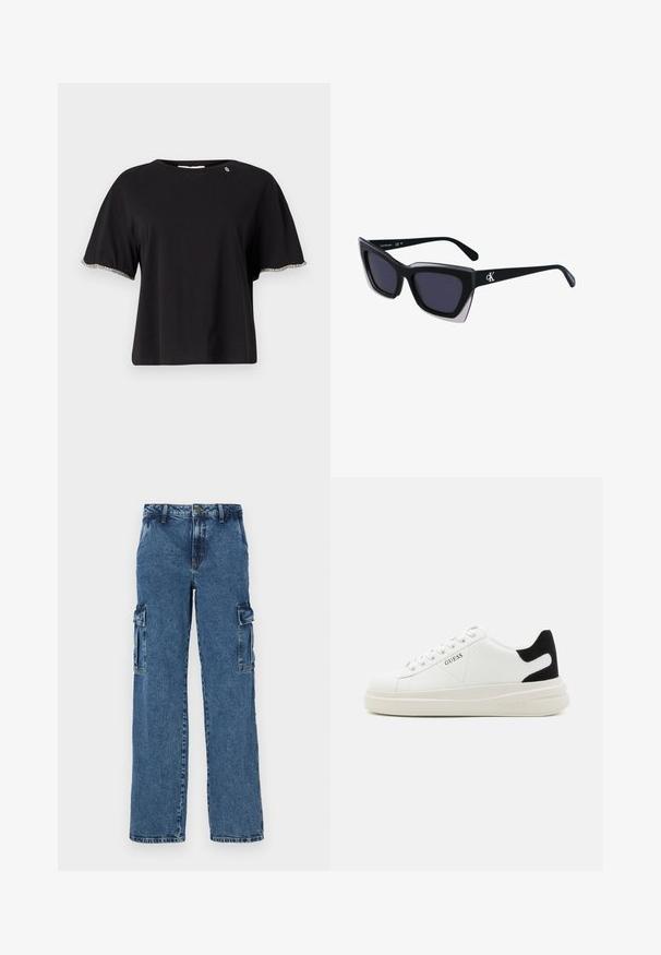 Fekete, rövid ujjú póló laza fazonban, díszes ezüstszínű díszítéssel az ujjak mentén és kerek nyakkivágással. Puha pamut anyagból készült.; Kék farmer cargo nadrág laza szabással, két oldalsó zsebbel, megerősített varrással és egyenes lábbal.; Fehér bőr sportcipők vastag fehér talppal, fekete velúr sarokpikkelyel és dombornyomott logóval az oldalon. Fűzős kialakítás, hat fűzőlyukkal.; Fekete, nagyméretű napszemüveg geometrikus formával, sötét lencsékkel és kontrasztos szürke részlettel a kereten. Logó a szárán.