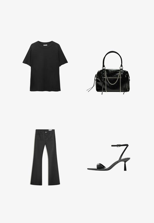 Sort T-shirt lavet af bomuld, med rund halsudskæring, korte ærmer og en afslappet pasform med en glat tekstur.; Sorte flared jeans lavet af denim med en glat tekstur, som har to baglommer og en knaplukning i taljen.; Bershka Højhælede sandaletter / Højhælede sandaler - black; Bershka WITH CHAIN - Håndtasker - black