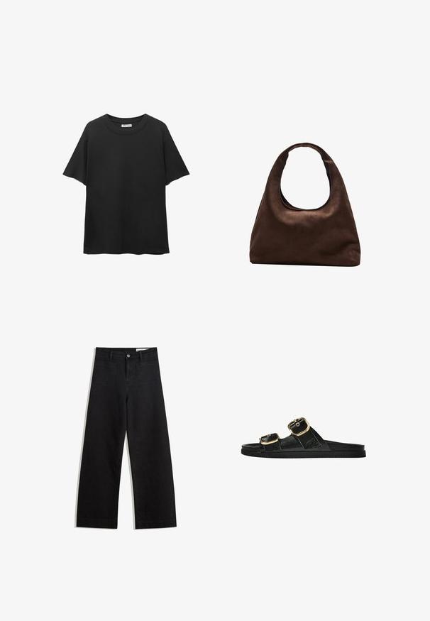 Svart T-shirt i bomull med rund halsringning, kort ärm och avslappnad passform med en mjuk textur.; Svarta vida denimbyxor med hög midja, med fram- och bakfickor, sydda sömmar och knappstängning. Slät textur.; Svart glidsandal med två guldfärgad spännen, slät textur av material, platt sula och en minimalistisk design.; Mjuk brun hobo-väskastil med ett brett axelband och en rundad öppning upptill, visad på en vit bakgrund.