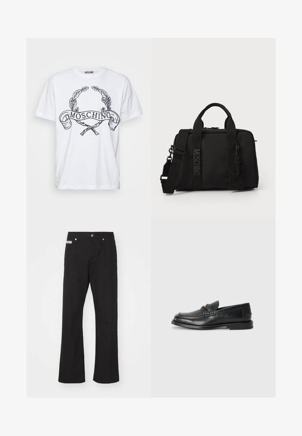 Biała bawełniana koszulka z krótkim rękawem, z czarnym graficznym wzorem przedstawiającym wieniec laurowy oraz napis "MOSCHINO". Okrągły dekolt.; Czarne bawełniane spodnie z prostymi nogawkami, z zapięciem na guziki z przodu, dwoma bocznymi kieszeniami oraz małą metką marki na pasku.; Czarne skórzane mokasyny mają okrągły nos, przeszycia oraz mały złoty akcent z przodu. Podeszwa jest płaska i dyskretna.; Czarna torba tekstylna z podwójnymi uchwytami i odpinanym paskiem na ramię. Posiada wytłoczone logo i skórzaną metkę. Gładka tekstura, prostokątny kształt.