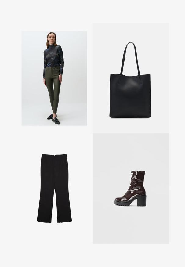 Czarny sweter w prążki z kołnierzem golfowym i wzorem kwiatowym; oliwkowe, wysokie, obcisłe spodnie; czarne buty z dekoracyjnym akcentem.; Czarne spodnie o prostym kroju, z przednimi kieszeniami i bocznymi rozcięciami na dole. Wykonane z miękkiego, gładkiego materiału. Odpowiednie na różne okazje.; Błyszczące bordowe botki za kostkę z masywną czarną obcasem, charakteryzujące się gładką teksturą i prostym wzornictwem. Brak widocznych zapięć lub wzorów.; Czarna skórzana torba tote o gładkiej fakturze, prostokątnym kształcie i dwóch długich uchwytach. Brak widocznych elementów metalowych i ozdób.