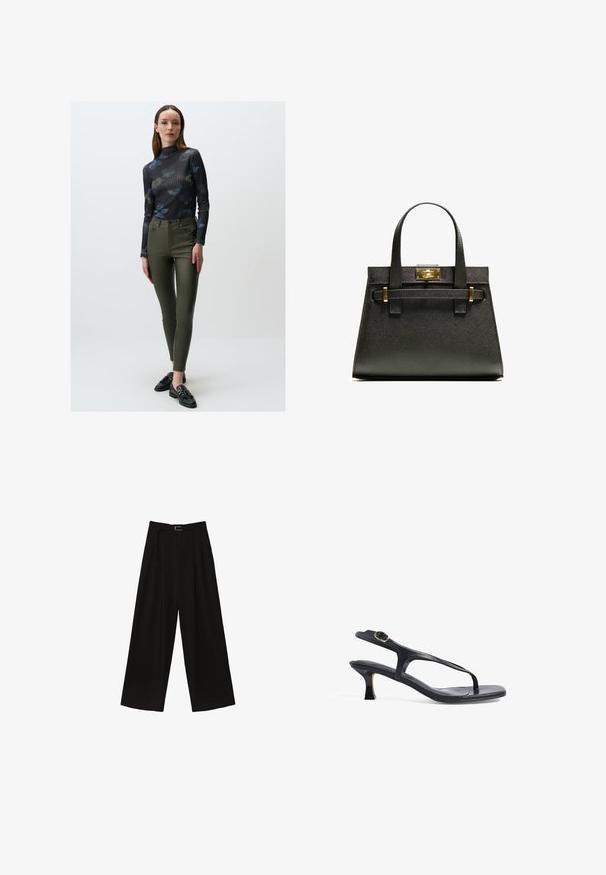 Maglione nero a collo alto a coste con motivo floreale; pantaloni skinny verde oliva a vita alta; scarpe nere con un accento decorativo.; Pantaloni neri a gamba larga con vita alta, dotati di una cintura in vita e pieghe per aggiungere texture. Realizzati in un tessuto morbido e leggero.; Sandal in pelle nera con design sottile, cinghie sottili e un tacco piccolo. Presenta un accento con fibbia e una soletta liscia e texturizzata.; Borsa a tracolla nera con manici corti, dotata di una chiusura e dettagli in oro. Il design è strutturato, con una silhouette geometrica.