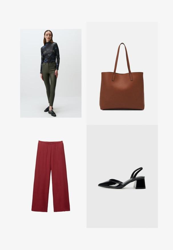 Geribbelde zwarte coltrui met bloemenpatroon; olijfgroene hoge taille skinny pants; zwarte schoenen met een decoratieve accenten.; Wijdvallende broek gemaakt van een gestructureerde, lichtgewicht stof in een dieprode kleur, met een knoopsluiting en een elastische tailleband voor comfort.; Zwarte gepatineerde leren slingback hakken met een spitse neus en een geometrische blokhak. Kenmerkt zich door een slank, minimalistisch ontwerp en een gladde textuur.; Bruine leren tote bag met een gladde textuur, een ontwerp met een open bovenkant en twee schouderbanden. Kenmerkt zich door minimale stiksels en geen zichtbare hardware.