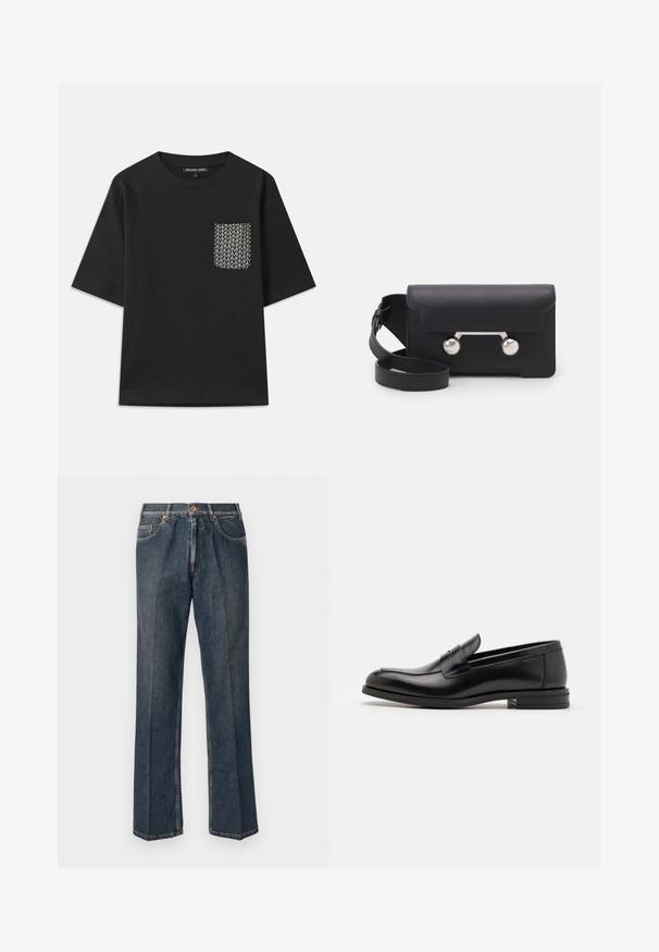 Černé bavlněné tričko s kulatým výstřihem a krátkými rukávy. Obsahuje vzorovanou kapsu na levé straně s bílými geometrickými vzory.; Tmavě modré džíny rovného střihu s předním poutkem, zipem, dvojitými předními kapsami a viditelnými vertikálními záhyby na nohavicích.; Černé kožené polobotky s hladkou texturou, zaoblenou špičkou a zdobným páskem přes nárt. Nízký stohovaný podpatek, minimalistický design.; Černá kožená crossbody taška s klopovým zavíráním, stříbrným kováním a dvěma kulatými detaily. Obsahuje odnímatelný popruh. Hladká textura.