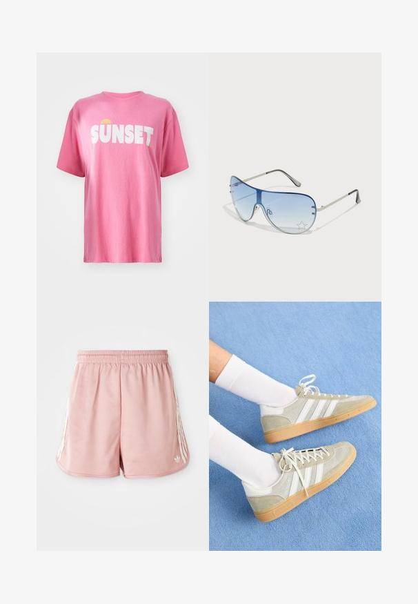 Vaaleanpunainen lyhythihainen t-paita, joka on valmistettu puuvillasta. Paidassa on suurikokoinen valkoinen teksti "SUNSET" sekä keltainen aurinkokuvio. Pyöreä kaula-aukko ja lyhyet hihat.; Vaaleanpunaiset urheilushortsit, joissa on joustava vyötärö, sivuilla valkoiset viivadetaalit ja pieni logo vasemmassa alakulmassa. Sileä kangas.; Vaaleat harmaat mokkanahkaiset lenkkarit, joissa on valkoisia kumikoristeita, kolmonen valkoista raitaa ja kumipohja. Lenkkarit on yhdistetty valkoisiin sukkiin sinisellä taustalla.; Aviator-mallin aurinkolasit, jotka ovat varustettu gradienttisilla sinisillä linsseillä, hopeisella metallikehyksellä ja koristeellisilla tähtikoristeilla linsseissä. Joustava ja viehättävä muotoilu.