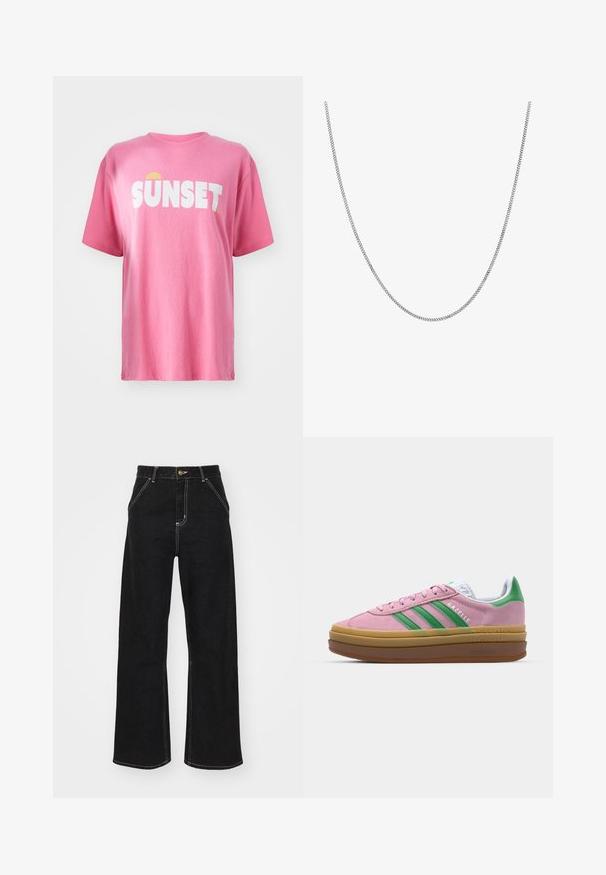Camiseta rosa curta feita de algodão, com texto branco em negrito "SUNSET" e um gráfico de sol amarelo. Gola redonda e mangas curtas.; Calças de ganga largas pretas, com costuras brancas em contraste e fecho frontal com botão, apresentando dois bolsos frontais inclinados.; Ténis de camurça rosa com riscas verdes, detalhes brancos e sola de borracha castanha. Apresenta tecido texturizado e detalhes de logótipo na lateral.; Colar de corrente de prata com um design de elos planos, redondos e suaves. Apresenta um acabamento brilhante e mede aproximadamente 20 polegadas de comprimento.