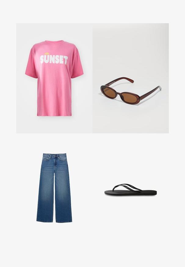 Krátke ružové tričko vyrobené z bavlny, s výrazným bielym textom "SUNSET" a žltou grafikou slnka. Okrúhly výstrih a krátke rukávy.; Džínsy s širokými nohavicami vyrobené z denimu, so zvýšeným pásom, prešitými detailmi a jednoduchým dizajnom s jemným efektom vyblednutia.; Čierne žabky s textúrovanou gumovou podrážkou, dvoma štíhlymi popruhmi a diskrétnym embosovaným logom na popruhu.; Okrúhle slnečné okuliare s hnedým nádychom a lesklým burgundským rámom. Úzke ramená s jemným brandovaním. Plochej šošovky dizajn.; Hnedá tkaná kožená kabelka s voľným, trojuholníkovým tvarom. Má opletenú rúčku a zips na vrchu.