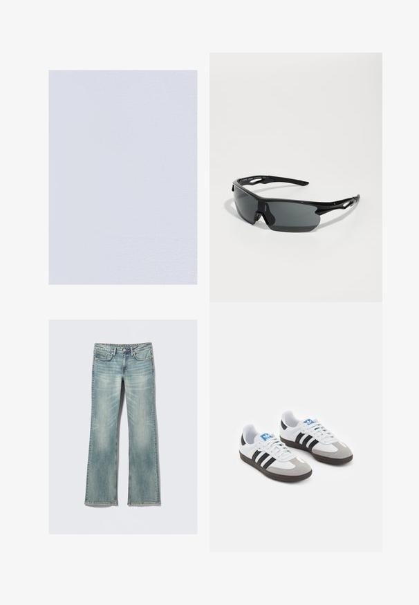OXXO STRETCH SQUARE NECK SINGLET - Top - white; Lichtblauwe denim jeans met een lichte vervaging, vijf zakken, knoopsluiting en rechte pijpen op een witte achtergrond.; Sportschoenen met een witte leren bovenkant, grijze suède neus en drie zwarte strepen. Bevat een blauw logo op de tong en een gestructureerde rubberen zool.; Zwarte sportzonnebril met gebogen lenzen, lichtgewicht plastic montuur en gestructureerde pootjes. Strak ontwerp met geïntegreerd neusstuk.; Zwarte geweven lederen handtas met een slouchy ontwerp, voorzien van een geknoopte schouderband en een kleine decoratieve gouden stud aan de bovenkant.