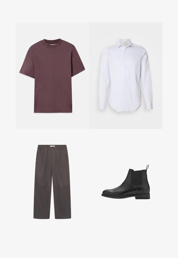 Short-sleeve, crew neck t-shirt in dark mauve, made of soft cotton. Features minimal branding in matching color on the front.; Light blue and white striped long-sleeve shirt with a full-button placket, pointed collar, and rounded hem. Cotton material, smooth texture.; Gray, wide-leg trousers made of smooth fabric, featuring a button closure and two side pockets. Simple, clean design with no visible patterns.; Black leather chelsea boots with elastic side panels, rounded toe, and a low block heel. Smooth texture and clean, minimalist design.