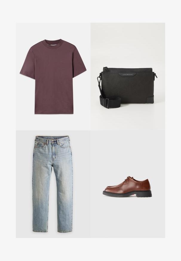 Short-sleeve, crew neck t-shirt in dark mauve, made of soft cotton. Features minimal branding in matching color on the front.; Light blue denim jeans with high waist, front button, zipper, and five-pocket design, laid flat on a neutral background.; Brown leather dress shoe with a rounded toe, contrasting stitching, lace-up design, and a textured black rubber sole.; Black leather crossbody bag with a textured finish, featuring a zip closure and adjustable strap. Logo patch on the front. Rectangular shape.