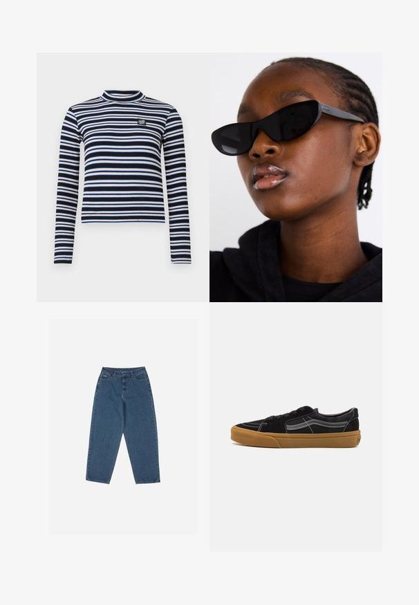 Zwart-wit gestreepte lange mouw top met hoge hals, geribbelde textuur, met blauwe en beige accenten en een klein logo op de borst.; Blauwe denim jeans met een ontspannen pasvorm, hoge taille, vijf-pocket ontwerp en stikselaccenten. Voorzien van een knoop- en ritssluiting.; Zwarte suède sneakers met witte stiksels en een kenmerkende zijstrip, voorzien van een tan rubberen zool en een low-top ontwerp. Geknoopt met zwarte veters.; Zwarte cat-eye zonnebril met een matte afwerking, met een stijlvolle vorm en licht gebogen randen, geplaatst tegen de donkere kleding van een model.; Zwarte gewatteerde tote bag met een grote opening, gebogen vormen op het oppervlak en een label met gele en witte tekst aan de voorkant.