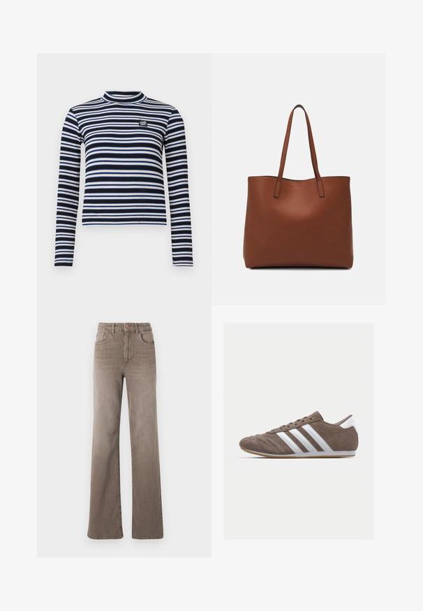 Fekete-fehér csíkos, hosszú ujjú felső magas nyakkal, bordázott textúrával, kék és bézs díszítéssel, valamint egy kis logóval a mellkasán.; Barna, magas derekú, egyenes szárú farmernadrág elülső gombbal, övhurkokkal és klasszikus öt zsebes kialakítással, fehér háttér előtt.; Barna velúr sportcipő fehér csíkokkal, kerek orral, fűzős kialakítással és gumitalppal. Textúrázott felsőrész varrási részletekkel.; Barna bőr vászontáska sima textúrával, nyitott tetejű dizájnnal és két vállpánttal. Minimális varrással és látható hardver nélkül készült.