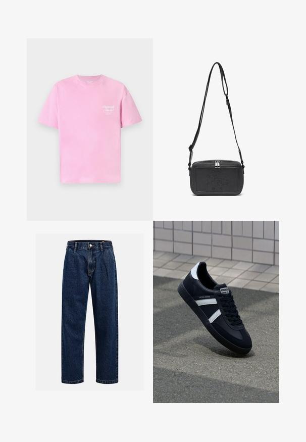 Camiseta de algodón rosa con un escote redondo y mangas cortas. Presenta un pequeño texto blanco "Originals Studio" impreso en el pecho.; Jeans de mezclilla azul oscuro con un diseño de pierna recta. Presentan costura visible, cierre de botón y pliegues frontales para un detalle adicional.; Zapatilla de cuero negra con rayas blancas, suela de goma texturizada y parte frontal con cordones. Cuenta con una etiqueta de marca en la lengüeta.; Bolso cruzado de piel negra con cierre de cremallera, logotipo embossing en el frente y correa ajustable. Textura suave con forma rectangular.