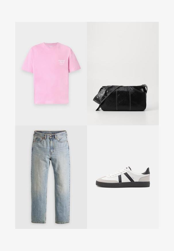 Rosa bomull t-skjorte med rund hals og korte ermer. Har en liten hvit "Originals Studio" tekst trykket på brystet.; Lys blå denim jeans med høy midje, frontknapp, glidelås og fem-lommers design, lagt flatt på en nøytral bakgrunn.; Hvite sneakers med svarte og grå detaljer, med en teksturert grå tåhette, svart gummisåle, og flate hvite lisser. Rent design, minimalistisk stil.; Svart lær skulderveske med glidelås, med teksturert overflate, hvite sømmer og en stropp med sølvringer.