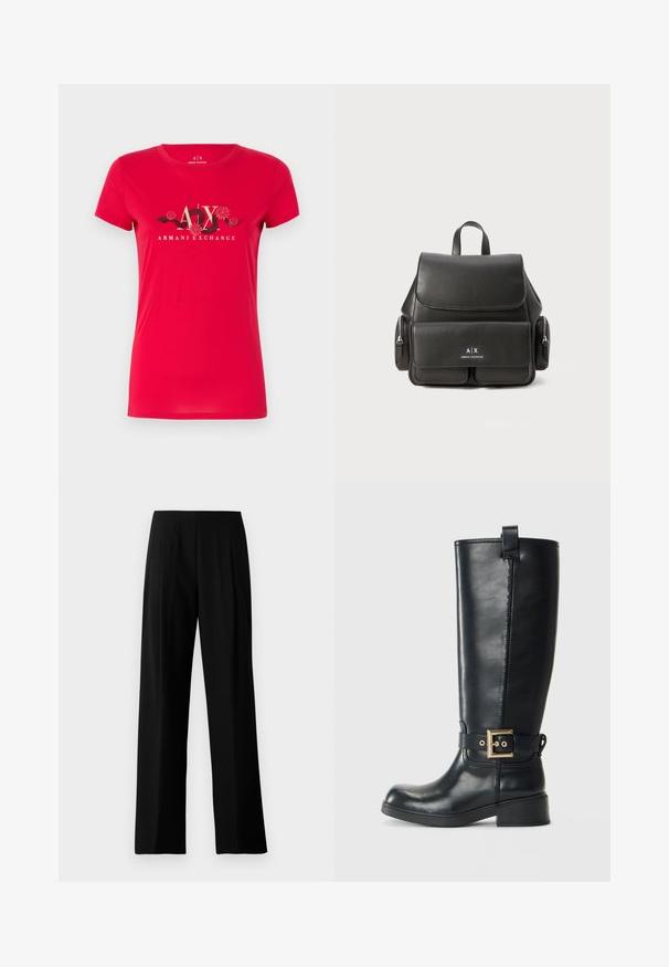 Κόκκινο βαμβακερό t-shirt με κοντά μανίκια. Διαθέτει έναν γραφικό σχεδιασμό με "A|X" και ανθισμένα στοιχεία, προσθέτοντας υφή και αντίθεση στο φόντο.; Μαύρο παντελόνι με φαρδιά πόδια, κατασκευασμένο από λείο ύφασμα, διαθέτει επίπεδη μέση και πιετώσεις μπροστά για μια κομψή εμφάνιση. Χωρίς ορατό εξοπλισμό ή μοτίβα.; Μαύρη δερμάτινη μπότες μέχρι το γόνατο με χαμηλό τετράγωνο τακούνι, διακοσμητικός χρυσός ιμάντας γύρω από τον αστράγαλο και θηλιά στην κορυφή.; Μαύρο δερμάτινο σακίδιο πλάτης με κλεισιμο καπάκι, μπροστινή τσέπη, πλαϊνές τσέπες με φερμουάρ και λαβή στην κορυφή. Περιέχει λεπτομέρειες του λογότυπου μπροστά.