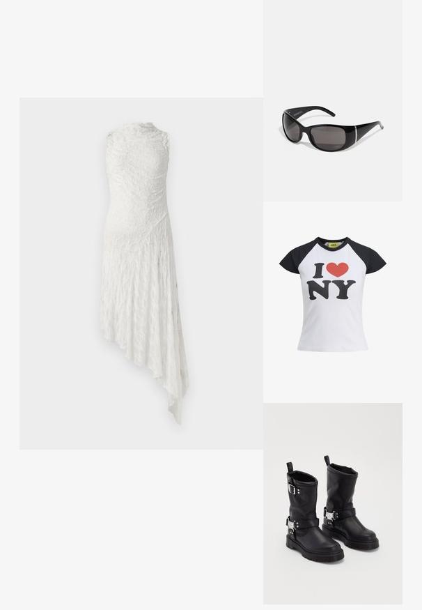 Bílá tričko s černými raglánovými rukávy, s velkým grafickým motivem "I ♥ NY" v černé a červené barvě. Hladká bavlněná tkanina s kulatým výstřihem.; Bílá krajková šaty s vysokým výstřihem, bez rukávů, asymetrickým lemem a texturovanou látkou s květinovým vzorem.; Černé kožené kotníkové boty se robustní podrážkou, vybavené bočním řemínkem se sponou a dekorativními prvky. Hladký povrch s poutkem.; Černé sluneční brýle s lesklými plastovými rámy, gradientní šedé čočky a stříbrnými akcenty po stranách. Hladký, zakřivený design.