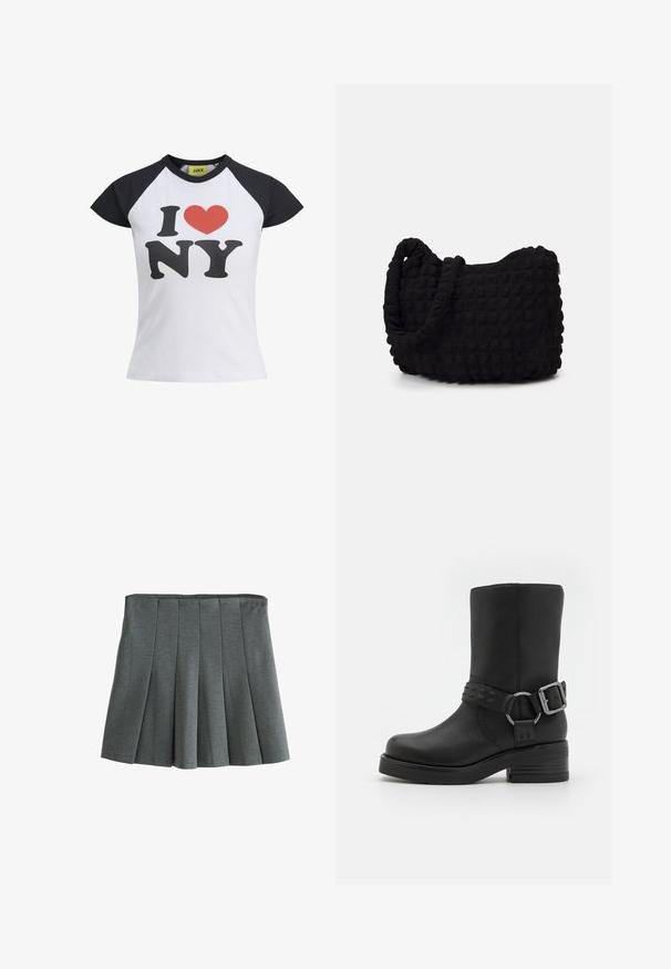 Bela majica s črnimi raglan rokavi, z velikim grafičnim tiskom "I ♥ NY" v črni in rdeči barvi. Gladek bombažni material s zaobljenim ovratnikom.; Siva plisirana krila iz lahkega blaga, ki ima oprijet pas in strukturirane plisirane dele, kar ustvarja razširjeno silhueto.; Črne usnjene gležnarske čevlje z zaobljenim nosom, debelim peto in okrasnim zaponko okoli gležnja. Imajo teksturirano površino.; Črn platneno torba z strukturiranim, quilted vzorcem. Okrogla oblika, kratki, debeli ročaji in mehak, fleksibilen konstrukt.