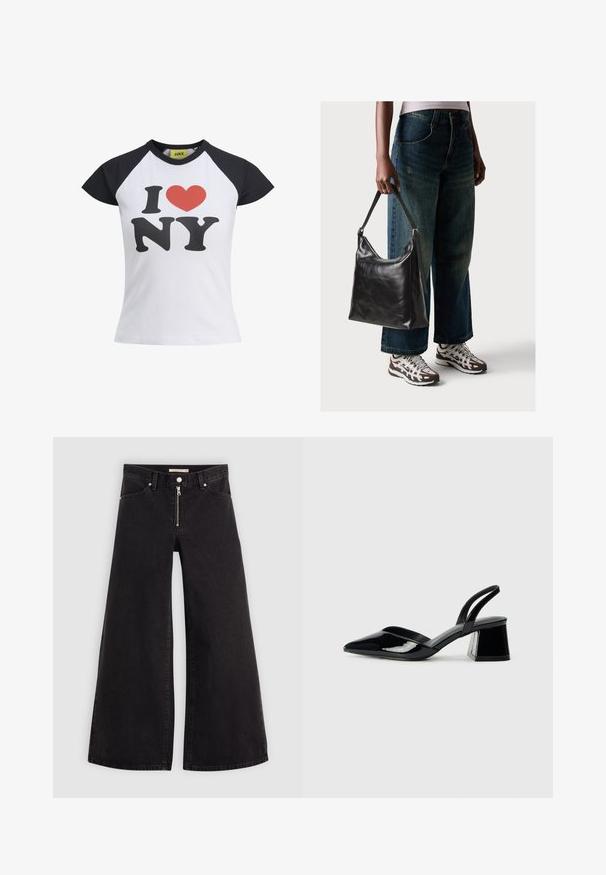 Camiseta blanca con mangas raglán negras, que presenta un gran gráfico de "I ♥ NY" en negro y rojo. Tejido de algodón suave con cuello redondo.; Jeans de pierna ancha en denim negro con cierre frontal, diseño de cinco bolsillos y detalles de costura sutiles. Textura suave y estilo casual.; Zapatos de tacón slingback de charol negro con punta afilada y tacón geométrico en bloque. Presentan un diseño elegante y minimalista, así como una textura suave.; Bolso de hombro de cuero negro con una textura suave y correa ajustable, combinado con jeans de pierna ancha desgatados y zapatillas deportivas.