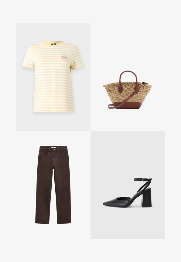 Yellow and white striped t-shirt with short sleeves and round neck. Features an embroidered "Summer" graphic and palm tree detail.; Brown wide-leg jeans made from denim, featuring a classic five-pocket design, button closure, and subtle stitching details.; Black leather pointy-toe pump with an ankle strap and a chunky heel. Flat texture, sleek design, and minimalistic aesthetics.; Woven straw basket bag with brown leather accents, two handles, and a detachable strap. Curved shape with a sturdy base.
