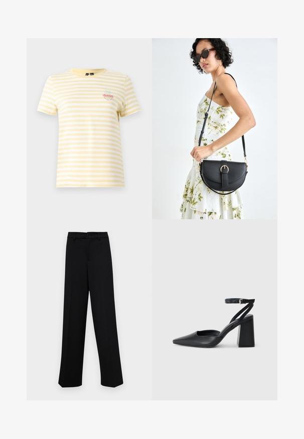 Yellow and white striped t-shirt with short sleeves and round neck. Features an embroidered "Summer" graphic and palm tree detail.; Black wide-leg trousers made of smooth fabric, featuring a classic waistband with a button closure and front pleats.; Black leather pointy-toe pump with an ankle strap and a chunky heel. Flat texture, sleek design, and minimalistic aesthetics.; Black leather handbag with a curved shape, detachable strap, and gold hardware. The bag features a flap with a buckle detail.